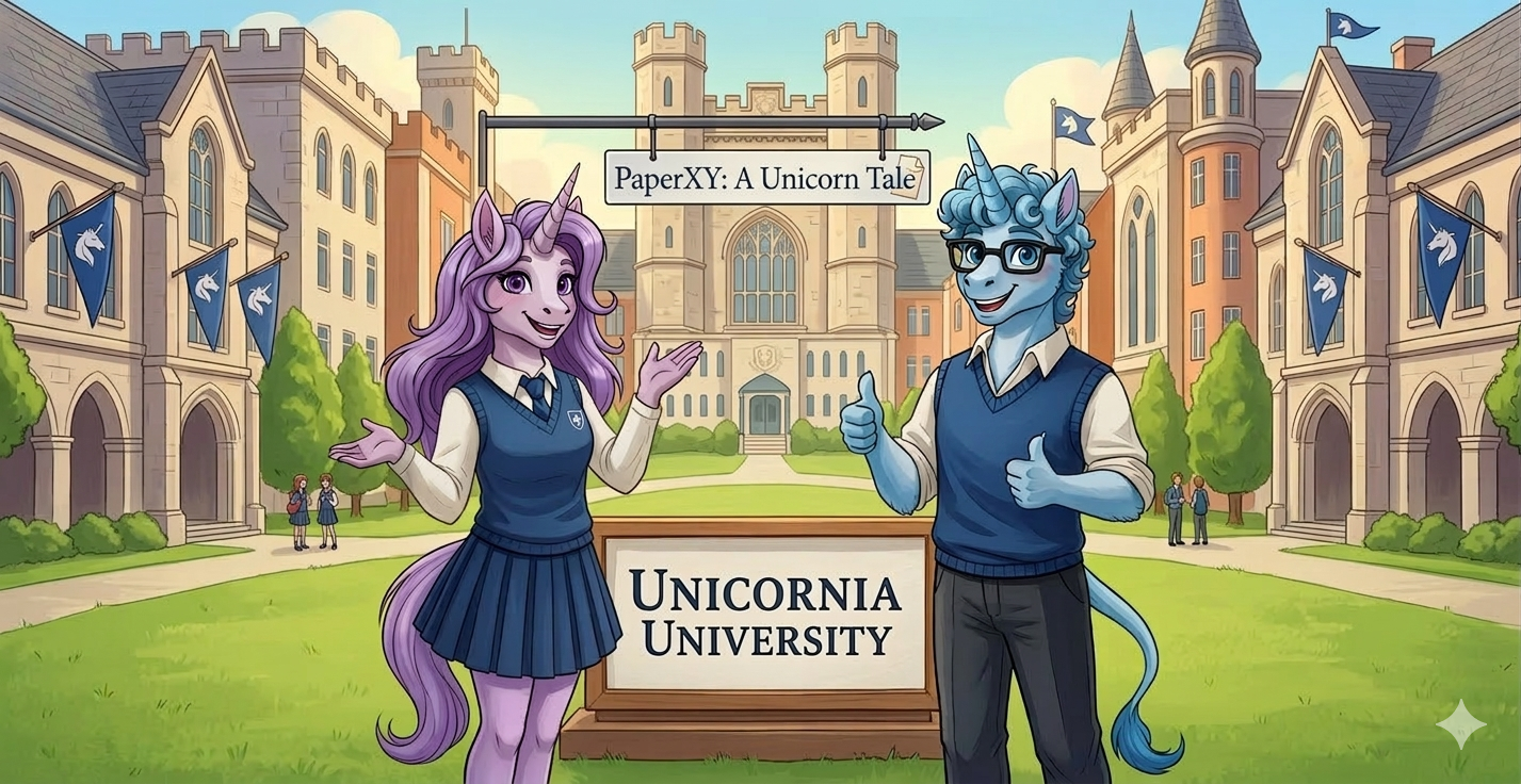 Two unicorn student mascots representing Paper XY — PaperXY academic platform at MVIT Pondicherry